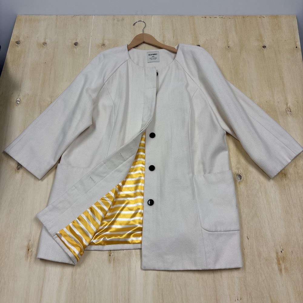 Old Navy Coat Womens XXL White Wool Blend Collarless 3/4 Sleeve Pea Overcoat